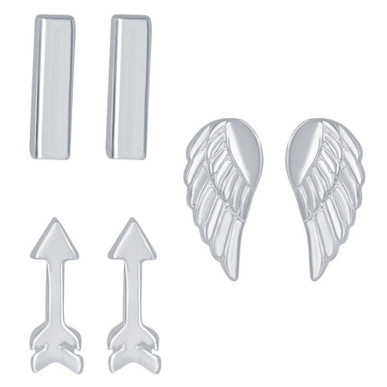 Sterling Silver Bar Arrow and Angel Wings Stud Earrings, Set of 3 ,