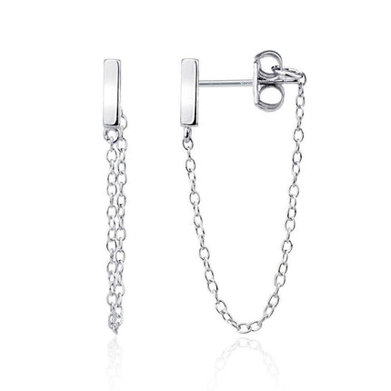 Sterling Silver Bar Stud with Looping Chain Earrings ,