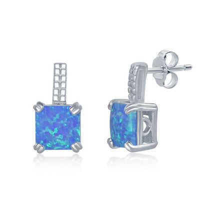Sterling Silver Beaded Bar and Blue Opal Earrings ,