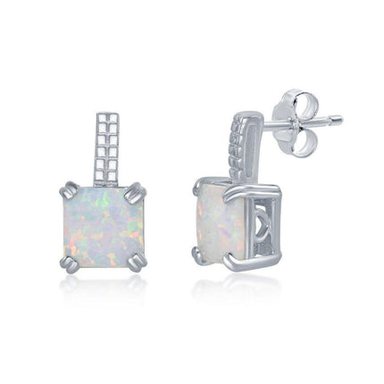 Sterling Silver Beaded Bar and White Opal Earrings ,