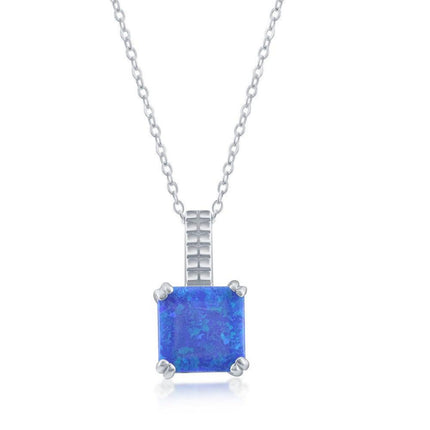 Sterling Silver Beaded Prong Square Blue Opal Pendant ,