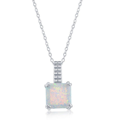 Sterling Silver Beaded Prong Square White Opal Pendant ,