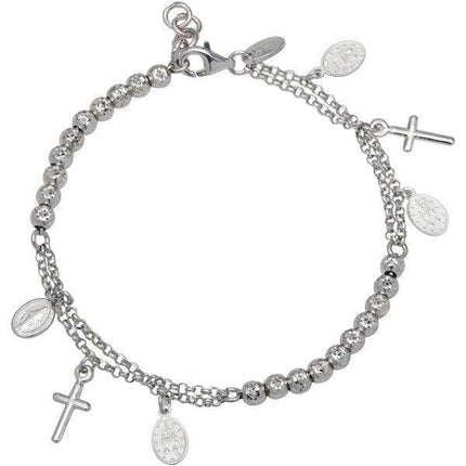 Sterling Silver Beads with Cross and Medal Charm Bracelet ,