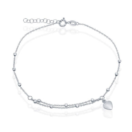 Sterling Silver Beads with Heart Charm Anklet ,