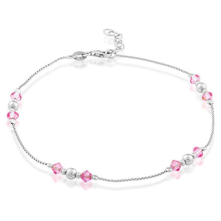 Sterling Silver Beads with Pink Crystals Anklet ,