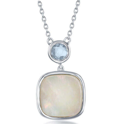 Sterling Silver Bezel Set Blue Topaz and Square MOP Necklace ,