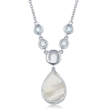 Sterling Silver Bezel-Set Blue Topaz and Teardrop MOP Necklace ,