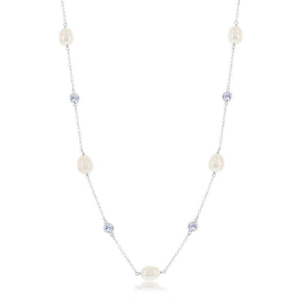 Sterling Silver Bezel Set CZ and Pearl Necklace ,