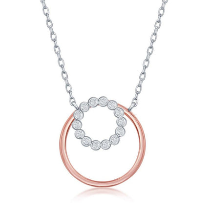 Sterling Silver Bezel-Set CZ and RG Plain Open Circle Necklace ,