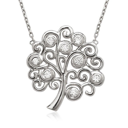 Sterling Silver Bezel Set CZ Tree Necklace ,