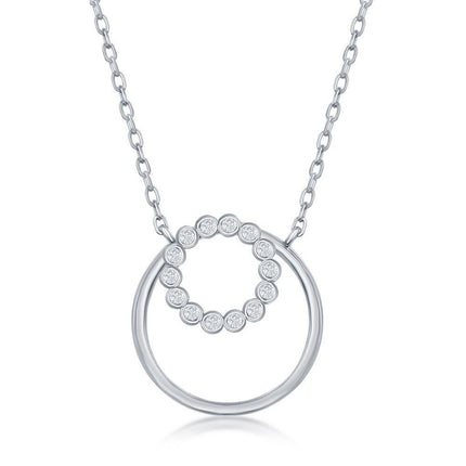 Sterling Silver Bezel-Set CZ with Plain Open Circle Necklace ,