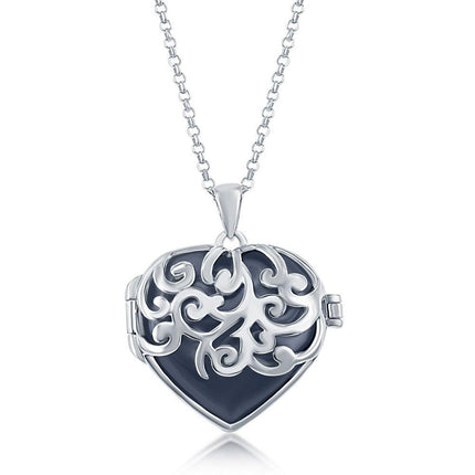 Sterling Silver Black Agate Designed Heart Locket ,