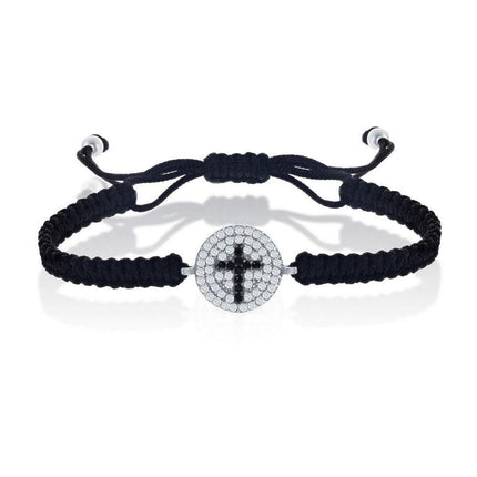 Sterling Silver Black CZ Cross on Black Macrame Bracelet ,
