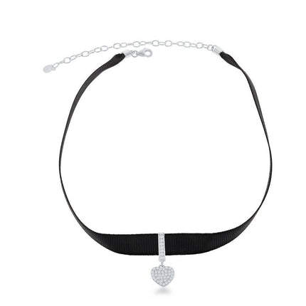 Sterling Silver Black Nylon with Center CZ Heart Choker Necklace ,
