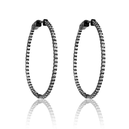 Sterling Silver Black Plated Inside Outside CZ Hoop Earrings ,