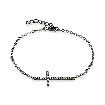 Sterling Silver Black Rhodium CZ Sideways Cross Bracelet, 7" ,