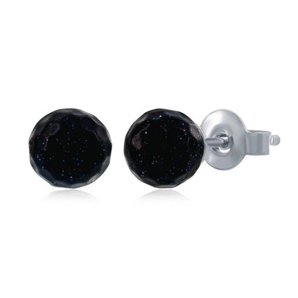 Sterling Silver Black Round Faceted Stud Earrings ,