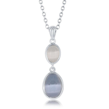 Sterling Silver Blue and Grey Oval Cat's Eye Necklace ,