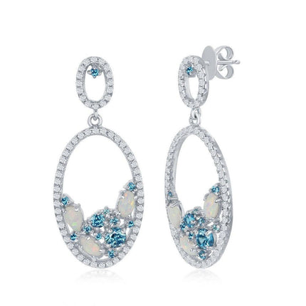 Sterling Silver Blue and White CZ Oval Earrings ,