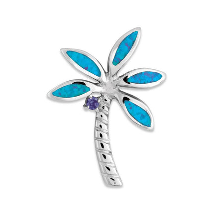 Sterling Silver Blue CZ and Opal Palm Tree Pendant ,