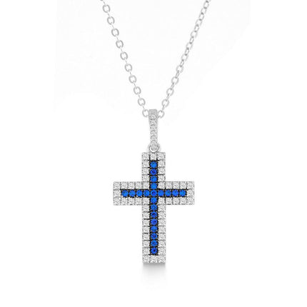 Sterling Silver Blue CZ Micro Pave Cross Pendant ,