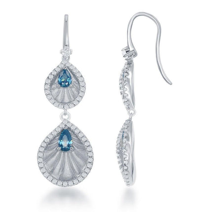 Sterling Silver Blue Double CZ Teardrop Earrings ,