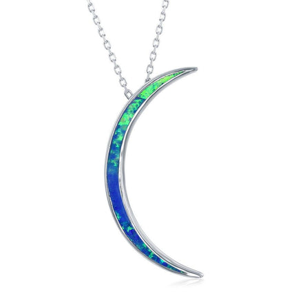 Sterling Silver Blue Inlay Crescent Moon Pendant ,
