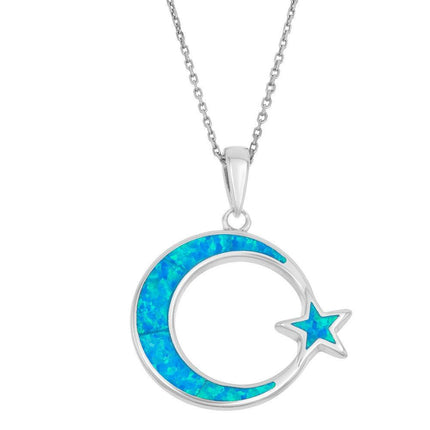 Sterling Silver Blue Inlay Crescent Star Pendant ,