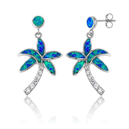 Sterling Silver Blue Inlay CZ Palm Tree Earrings ,