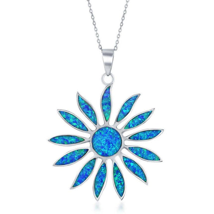 Sterling Silver Blue Inlay Daisy Flower Pendant ,