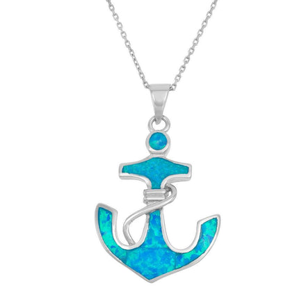 Sterling Silver Blue Inlay Opal Anchor Pendant ,