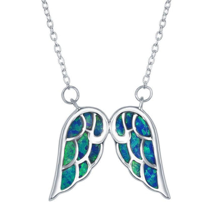 Sterling Silver Blue Inlay Opal Angel Wings Necklace ,