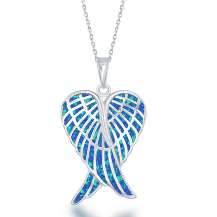 Sterling Silver Blue Inlay Opal Angel Wings Pendant ,