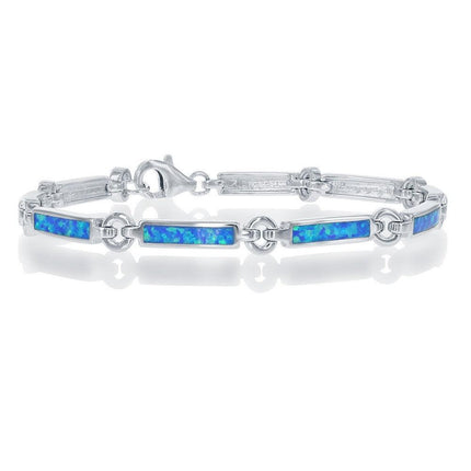 Sterling Silver Blue Inlay Opal Bars and Silver Circles Bracelet ,