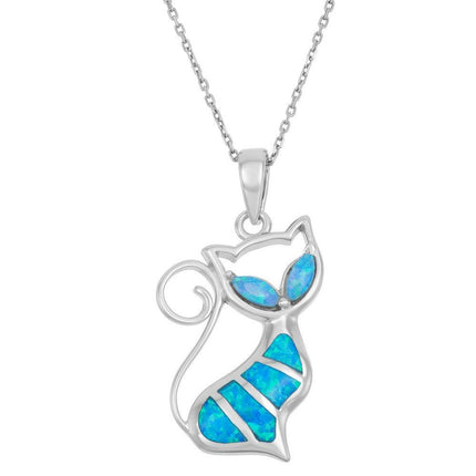 Sterling Silver Blue Inlay Opal Cat Pendant ,