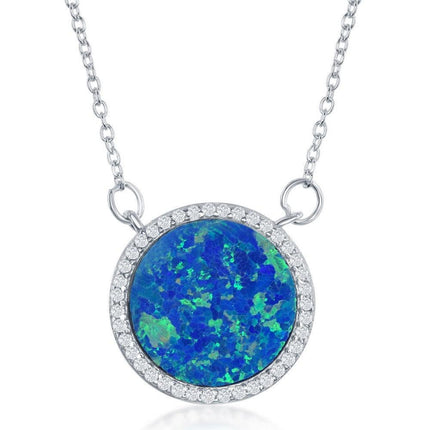 Sterling Silver Blue Inlay Opal Circle with CZ Border Necklace ,