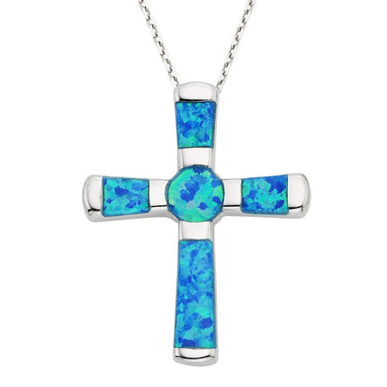 Sterling Silver Blue Inlay Opal Cross Pendant ,