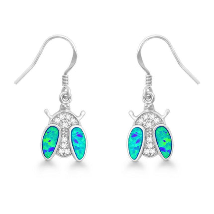 Sterling Silver Blue Inlay Opal CZ Ladybug Earrings ,