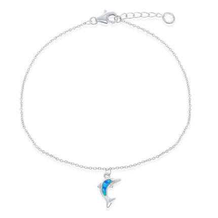 Sterling Silver Blue Inlay Opal Dolphin Anklet ,