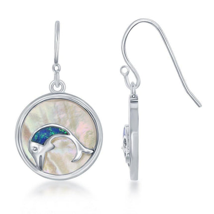 Sterling Silver Blue Inlay Opal Dolphin Earrings ,
