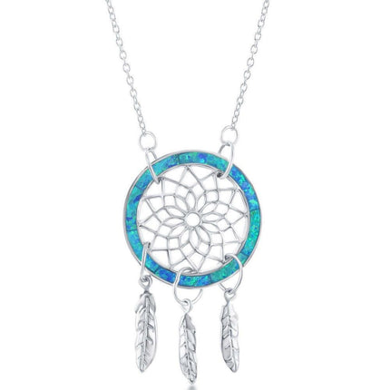Sterling Silver Blue Inlay Opal Dream Catcher Necklace ,