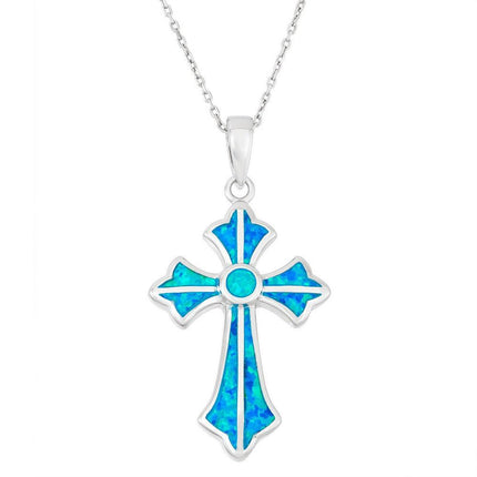 Sterling Silver Blue Inlay Opal Fancy Cross Pendant ,