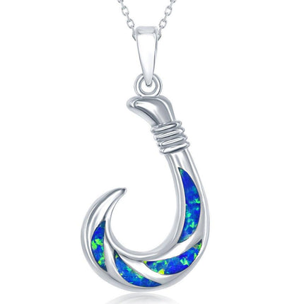 Sterling Silver Blue Inlay Opal Fish Hook Pendant ,
