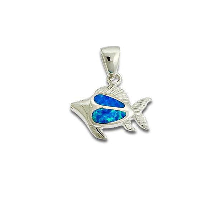 Sterling Silver Blue Inlay Opal Flat Fish Pendant ,