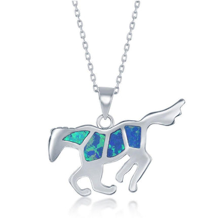 Sterling Silver Blue Inlay Opal Flat Horse Pendant ,