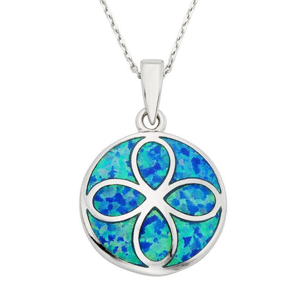 Sterling Silver Blue Inlay Opal Flower Pendant ,
