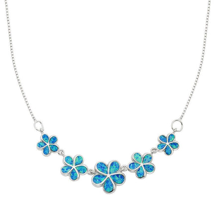 Sterling Silver Blue Inlay Opal Flowers Necklace ,