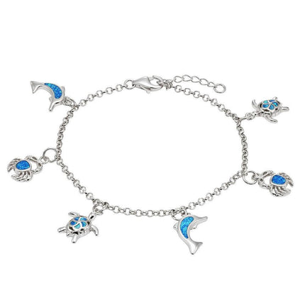 Sterling Silver Blue Inlay Opal Hanging Sea-Life Charms Bracelet ,
