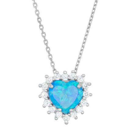 Sterling Silver Blue Inlay Opal Heart CZ Pendant ,
