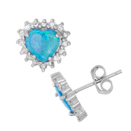 Sterling Silver Blue Inlay Opal Heart Stud Earrings ,